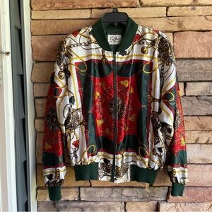 G. Oberti green red print satin full zip jacket Women XL EUC